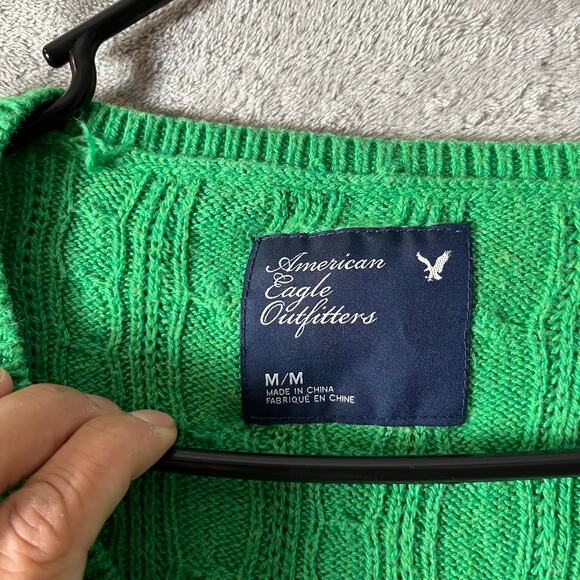 Vintage American Eagle Y2K Cable Knit V-Neck Sweater Kelly Green Size Medium - Picture 6 of 7